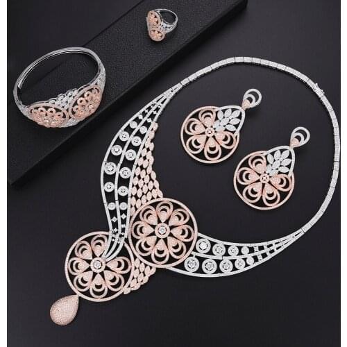 LARRAURI Trendy Statement Necklace Drop Earrings Rings Bracelet Bangle For Women Bride Wedding Jewelry Sets Wedding Accessories