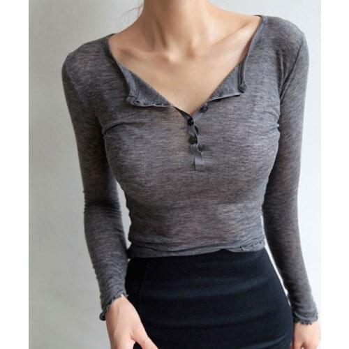 Hot-Selling Fashion Popular Korean Womens Autumn New Slim Thin Solid Color Wild Thin Sexy Long-Sleeved Bottoming Shirt Casual