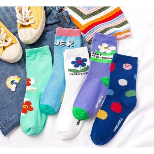 Kawaii Korea Hyuna Style Cartoon Flower Socks Women Japanese Trend Street Hip-Hop Tube Socks Happy Funny Girl Cotton Socks Gifts