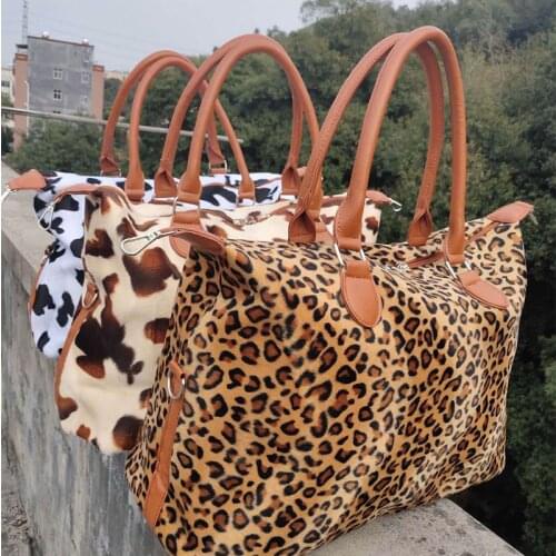 Fashion Faux Fur Leopard Print Weekender Tote Bag Animal Cow Pattern Women Fleece Handbag With PU Handle
