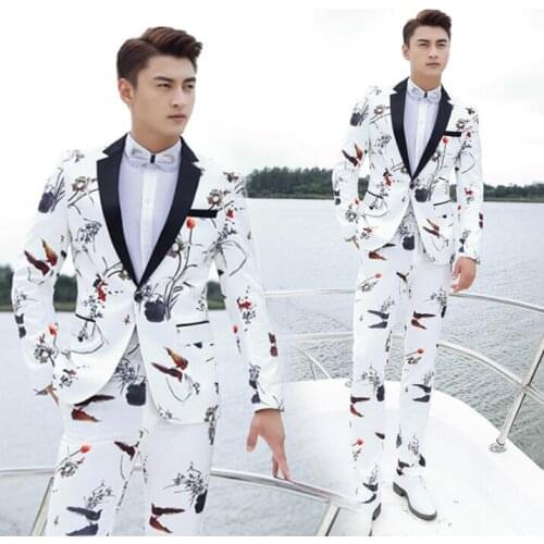 2020 new arrival singer slim men white suit set with pants mens wedding suits printing formal dress mens groom suit + pant