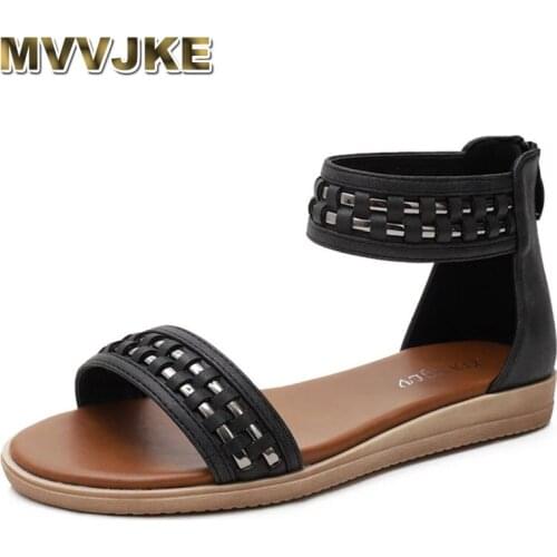 MVVJKE Rome Style Womens Sandals New Flat Shoes Round Toe Leather Holiday Beach Shoes Woman Comfort Thick Sole Sandalias Mujer