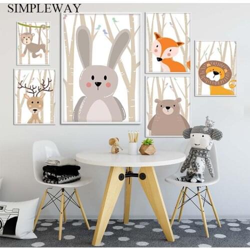 Woodland Forest Animal Fox Deer Canvas Posters Baby Nursery Wall Art Print Cartoon Painting Nordic Kid Room Decoration Pictures