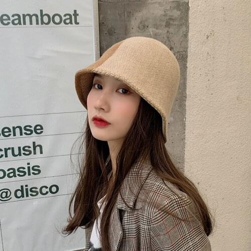 New Design Autumn Winter Soft Cotton Female Patchwork Korean Style Ease Match Street Fashion Outing Casual Knitted Bucket Hat