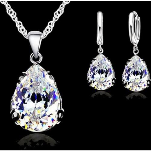 Genuine 925 Sterling Silver Austria Crystal Water Drop Pendant Necklace Earring Jewelry Set for Women Wedding Engagement
