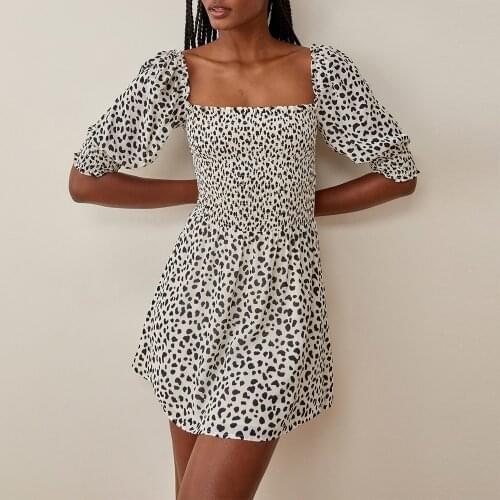Casual Dresses For Women 2021 Vacation Print Smocked Mini Dress Summer Clothes For Women Sundress Square Neck Puff Sleeve Dress