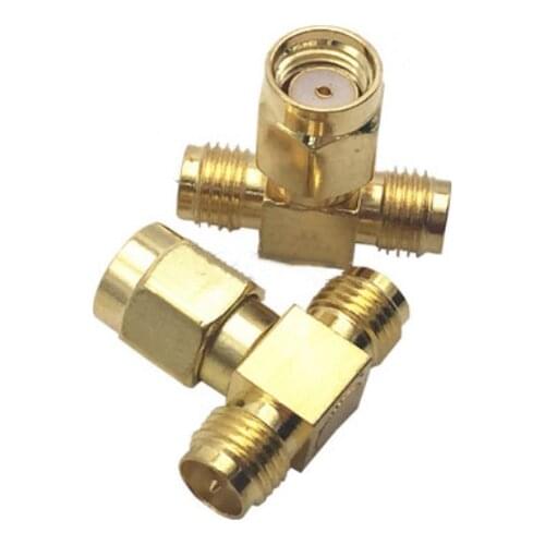 RP-SMA Male To 2 Dual (Two)RP- SMA Female Jack RF Coaxial Connector T Type 3 Way Splitter Antenna Converter GoldPlated Brass