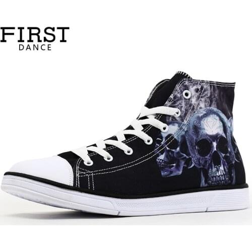 FIRST DANCE Fashion Punk Skull Classic Canvas Shoes Men High Top Hip Hop Shoes Skeleton Canvas 3D Shoes Men Casual Male Flats