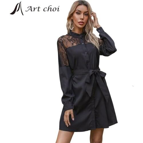 Spring Mini Leisure Shirt Dresses Women Splice Lace Blouses Dress Long Sleeve Belt Ladies Vintage Work Office Business Vestido