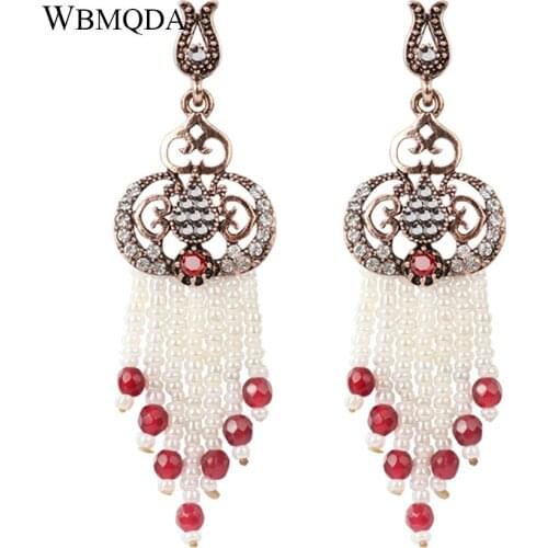 Vintage White Beads Tassel Earrings For Women Red Natural Stone Crystal Long Wedding Earrings Antique Gold Indian Jewelry