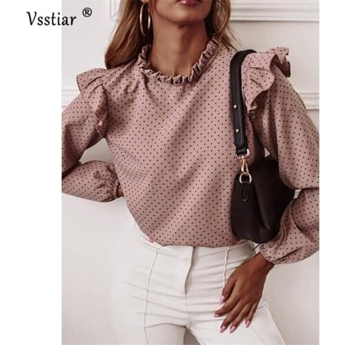 Ruffles Blouse Women 2020 Elegant Long Sleeve O Neck Print Blouses Office Work Polka Dot Ladies Shirts Khaki Pink