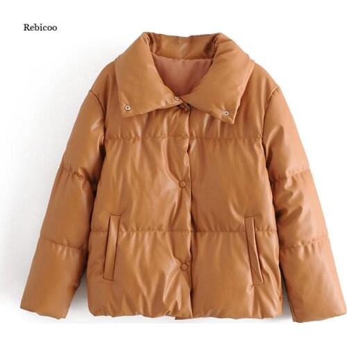 Winter Women faux leather jacket coat oversized buttons Female black pu turn down collar outwear