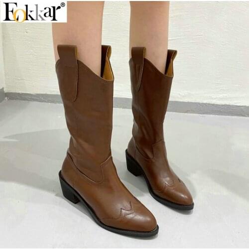 Eokkar 2021 Lady Winter Boots Pointed Toe Thick Heels Mid Calf Boots Solid All Match Boots For Women Black Shoes Size 35-39