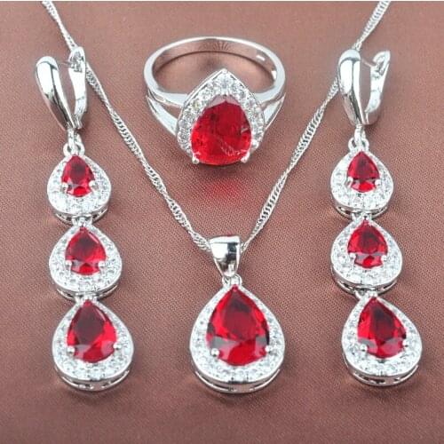 Womens Wedding Jewelry Sets Water Drop Red Stone Cubic Zirconia Ring Necklace And Earrings Set TZ0184
