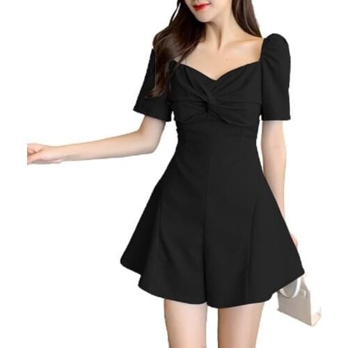 PERHAPS U Women Sweet High Street Solid V-Neck Puff Sleeve Pleated Folds Cross Skinny Flare Short Pants Rompers Playsuits J3006