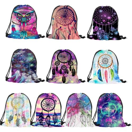 3D Printing Dream Catcher Colorful Feathers Woman Drawstring Backpack Girls Boys School Drawstring Bag Soft Polyester Bags