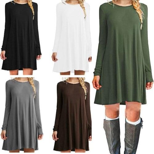 Autumn and Winter New Womens Solid Color Long-sleeved Loose Dress Polyester Casual Loose Solid Color Round Neck Casual Dress