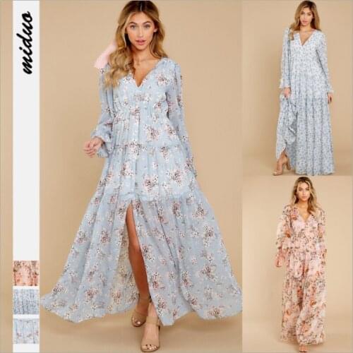 2021 Autumn New Ladies Dress Long-sleeved Floral Digital Printing Fashion V-neck Slits Temperament Womens Skirt WE468