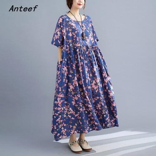 Short sleeve cotton vintage floral dresses for women casual loose long woman summer dress elegant clothes 2021