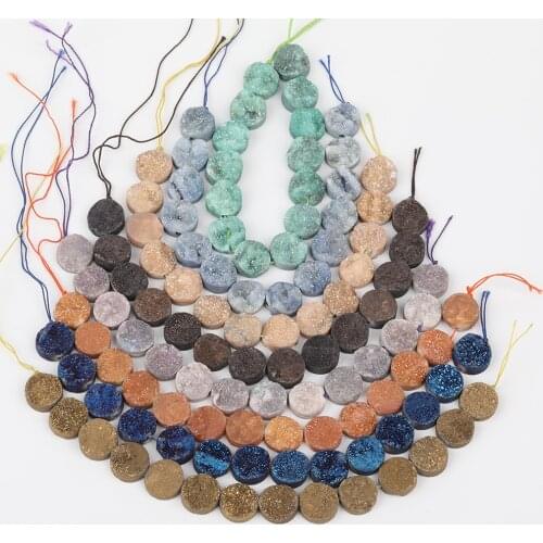 14PCS/Strand.14mm Middle Drilled Titanium Blue Natural Druzy Geode Agates Round Loose Beads Pendant Necklace Strand XFX-165AMEE