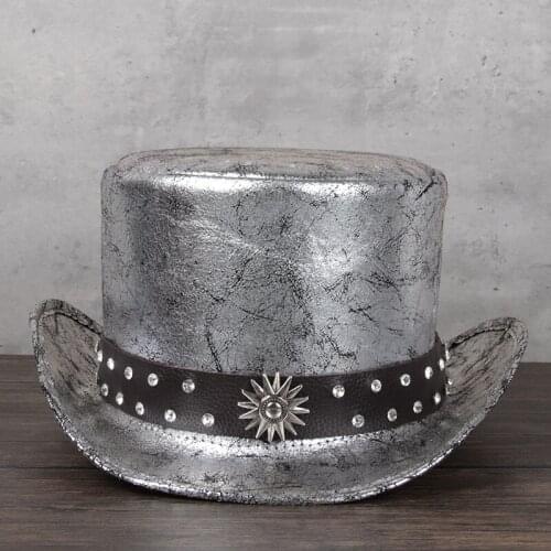 2021 2021 Women Men Leather Top Hat Shower Lday Fedora Hat Magic Flat Steampunk Cosplay Pork Pie Party Caps Dropshiping 13cm