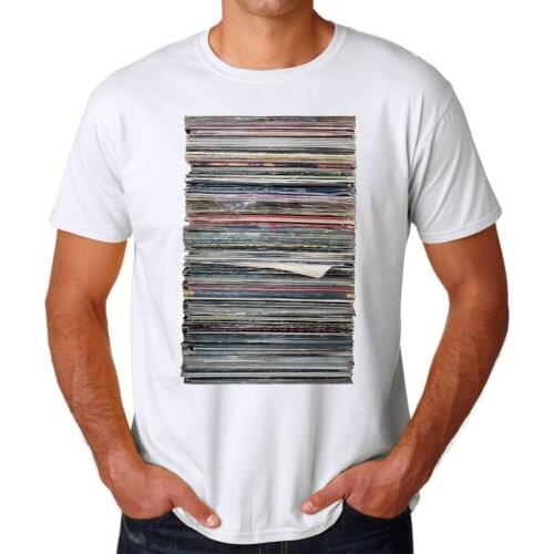 Stack of Vinyl Records Electronic Music Techno House Music White T-Shirt Cotton for Men Design Tops Harajuku Funny Tee Shirts