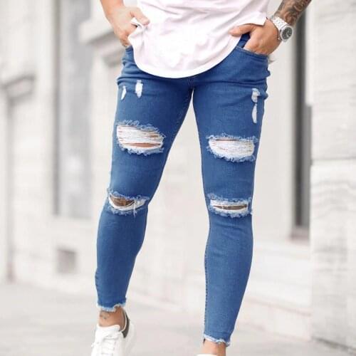 Mens Hole Jeans Pants Casual Fitness Pocket Denim Trousers For Man Ripped Skinny Trousers Spring Summer Causal Pants