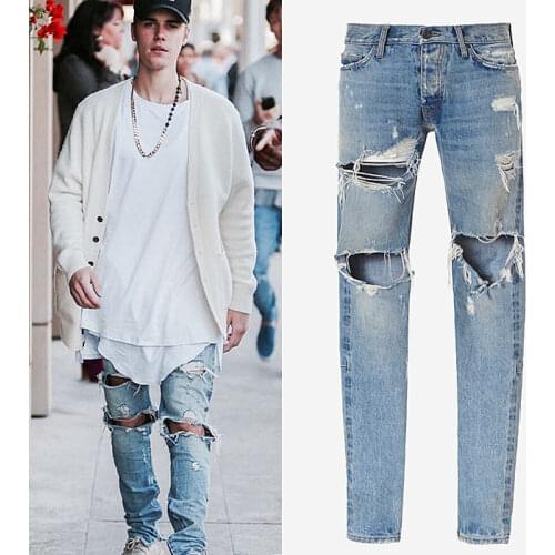 High street style Kanye West Jeans Denim Pants Skinny Ripped Jeans For Men Male Swag Hole Biker men skinny jeans