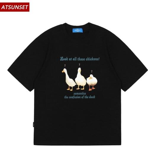 ATSUNSET Three Big White Ducks Print Country Style T-Shirt Hip Hop Streetwear Harajuku Tees Spring Summer Cotton Pullover Top