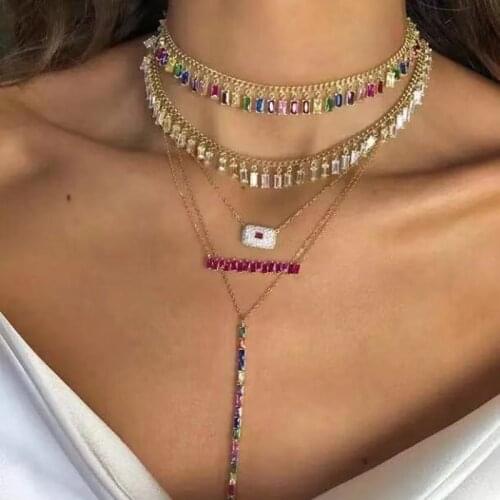 HIBRIDE Popular AAA Cubic Zirconia Baguette Pulling Chain Necklace for Women Trendy Geometric Necklaces Bijoux Femme N-1176