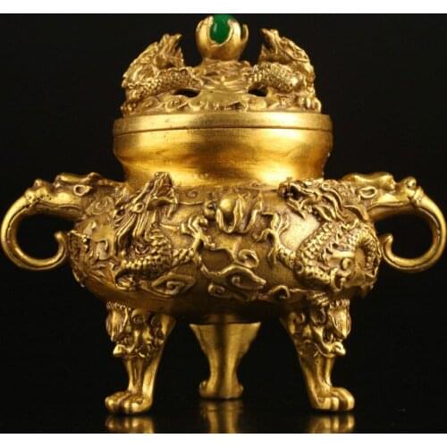 Chinese Brass Dragon incense burner with jade pearls bead lid xuan de mark