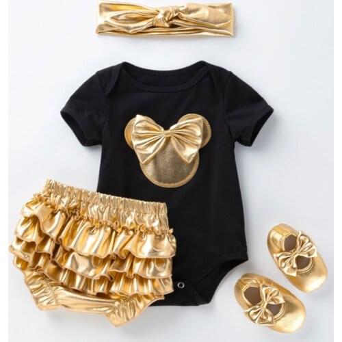 Newborn baby girl clothes set newborn outfit girl new born baby clothes head band +shoe +romper+shorts 4pcs/sets fashion gold