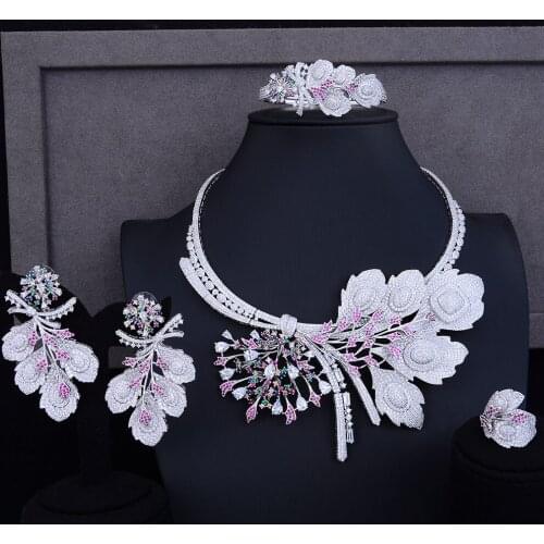 LARRAURI 4PCS Flower Necklace Earrings Bangle Ring for Women Statement Wedding Jewelry Sets Fashion Jewelry Making Accessories