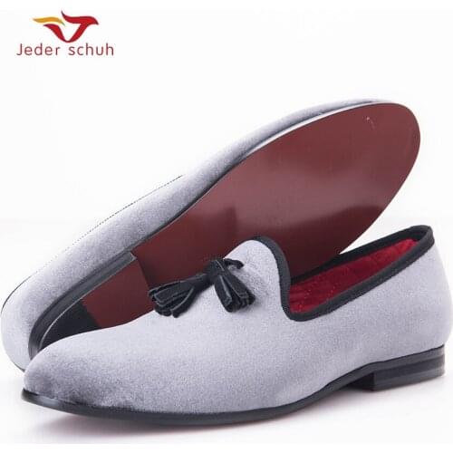 New Style Handmade Loafers Gray Velvet Men Shoes With Black Suede Tassel Fashion Party Dress Shoes MenS Flats