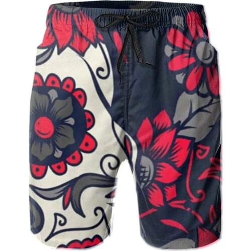 Mens Swim Trunks Gray-Red Flowers Swimtrunks Board Shorts With Drawstring Summer Beach Shorts With Pockets
