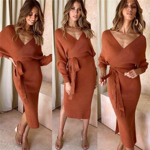 2020 Autumn Winter Solid Sexy V Neck Long Sleeve Womens Dress Slim Lace Up Long Dress Fashion Party Backless Thin Knitted Dress
