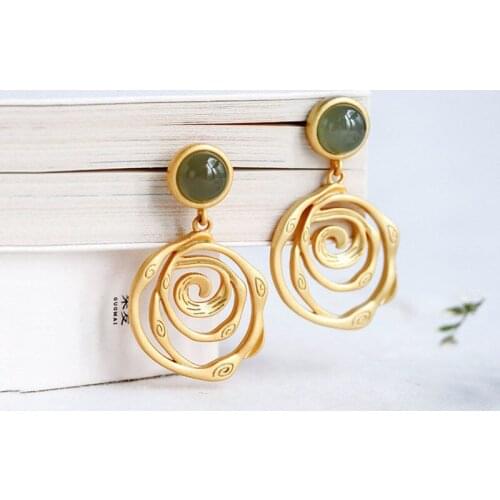 S925 Sterling Silver Jasper Stud Earrings Womens Natural Hetian Jade Thread Stud Earrings Simple Elegant Exaggerated Delicate E