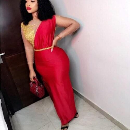 Sexy Red Eveing Dresses For Women Beads Lace Appliques Illusion Long Sleeves Plus Size Prom Dress Mermaid Party Gowns