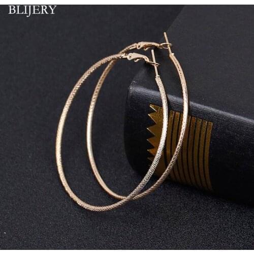 BLIJERY Siver Gold Color Statement Earrings 60mm Circle Earrings Big Shiny Pinstripes Hoop Earrings For Women Punk Jewelry