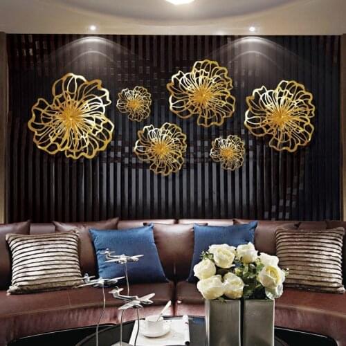 Modern Wrought Iron Gold Flower Wall Mural Accessories Hotel Club Wall Hanging Crafts Decoration Home Livingroom 3D Wall Sticker