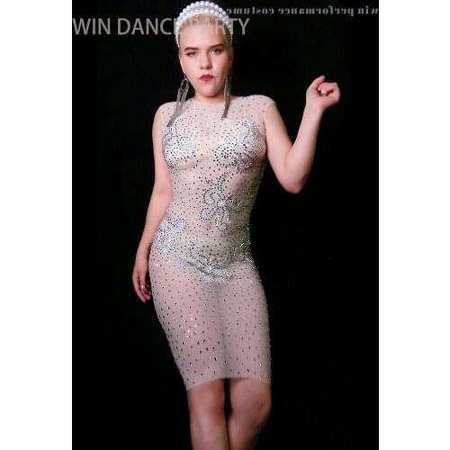 Rhinestone stretch Mesh Perspective Dress Evening Party Dresses Birthday Celebrate Costume Singer Performance stage clothing