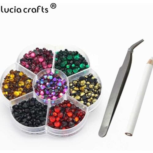Lucia Crafts 2-6mm Rhinestones Crystal Hot Fix Flatback With Tweezers Picking Pen For Nail Art Bag 3500pcs F1006
