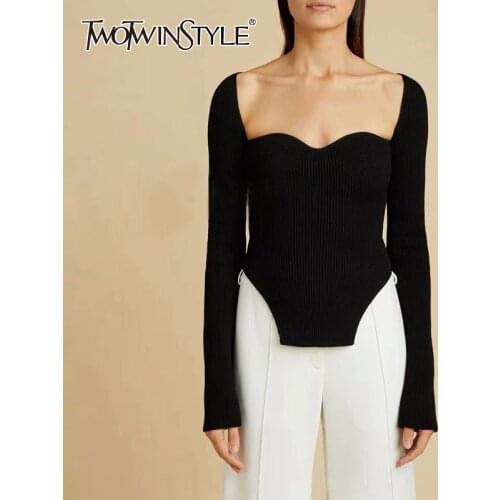 TWOTWINSTYLE Elegant Side Split Knitted Womens Sweater Square Collar Long Sleeve Sexy Sweaters Female Fashion New 2020 Clothing