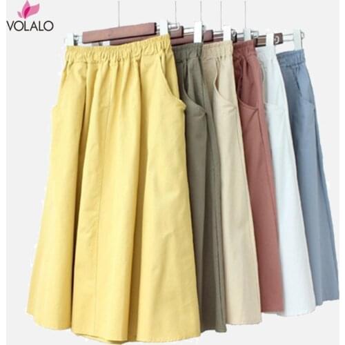 Womens High Waist Side Pockets Skirts Spring Summer Solid A-line Female Midi Skirts 2020 Fashion Elastic Waists Ladies Bottom