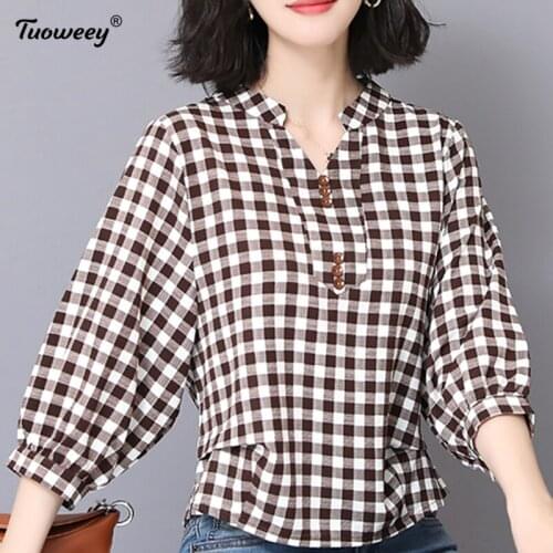Elegant summer plaid Shirt Women Office Bottom Vintage plus size Top V Neck loose Blouse Autumn Spring Korea Shirts Blusas