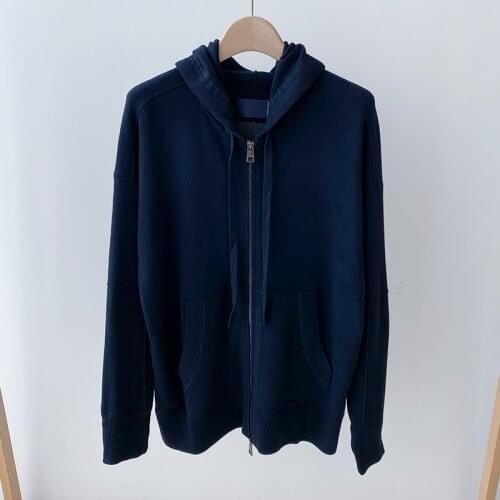 Women Loose Knit Jacket 100% Cotton Women Hoodie Dark Blue Back Skull Patch Hooded Sweatshirt