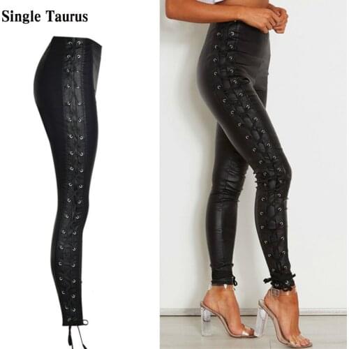Lace Up Side Straps Leather Coated Denim Pants Women Streetwear PU Skinny Jeans Woman Trousers High Waist Sexy Pantalones Mujer