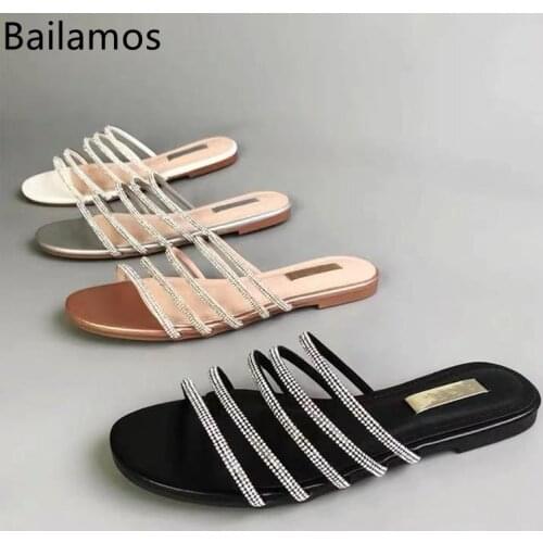 2021 New Summer Slippers Women Flat Heel Slides Female Peep Toe Outdoor Casual Bling Crystal Beach Sandal Big Size 41 Flip Flops