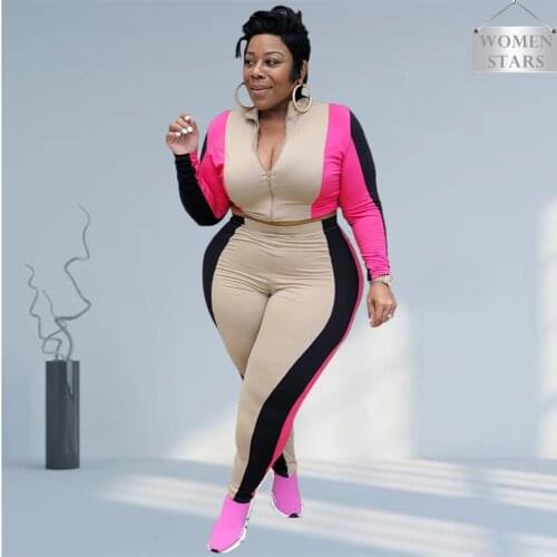 Plus Size Sets Women 2021 Two Piece Set Tracksuit Sweatsuit Patchwork Joggers Casual Zip Top Sweatpants Wholesale Dropshipping