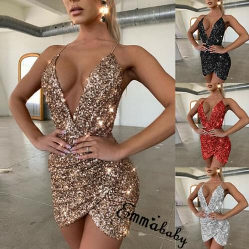Womens Spaghetti Strap Deep V Neck Sequins Glitter Short Dress Sparkly Bodycon Evening Party Club Wear Dress